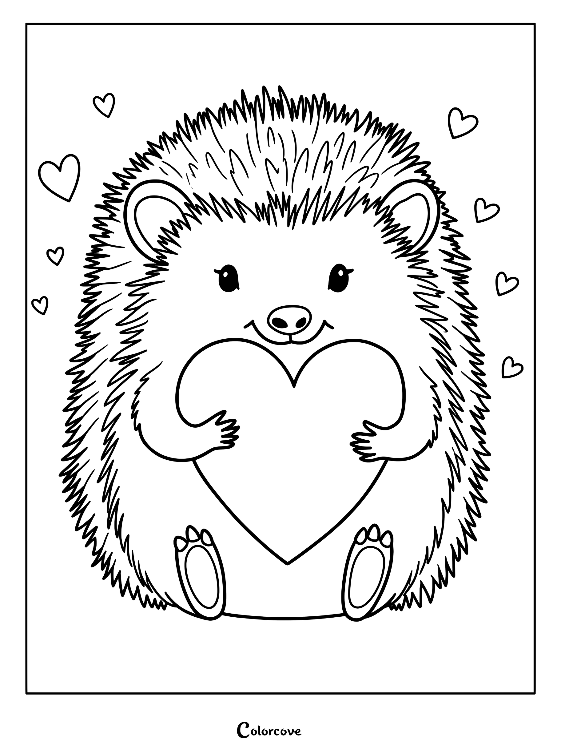 Un adorable hérisson tenant un grand cœur entouré de cœurs flottants sur cette page de coloriage à imprimer.