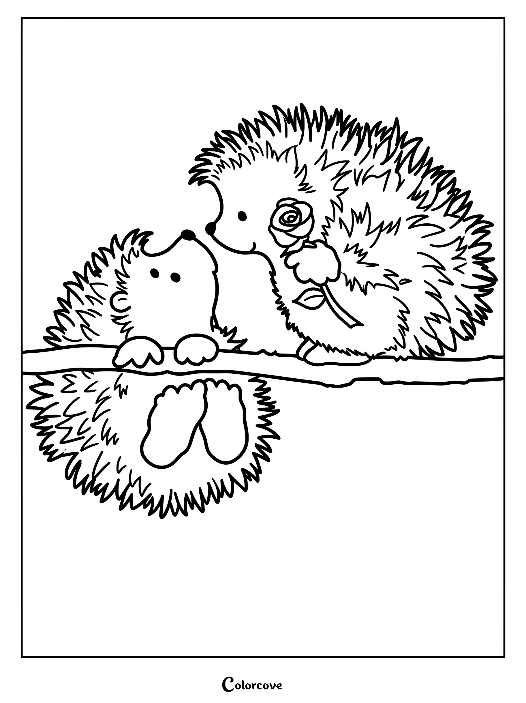 Sur cette page de coloriage à imprimer, un adorable hérisson tient une rose tout en regardant un autre hérisson suspendu la tête en bas à une branche.