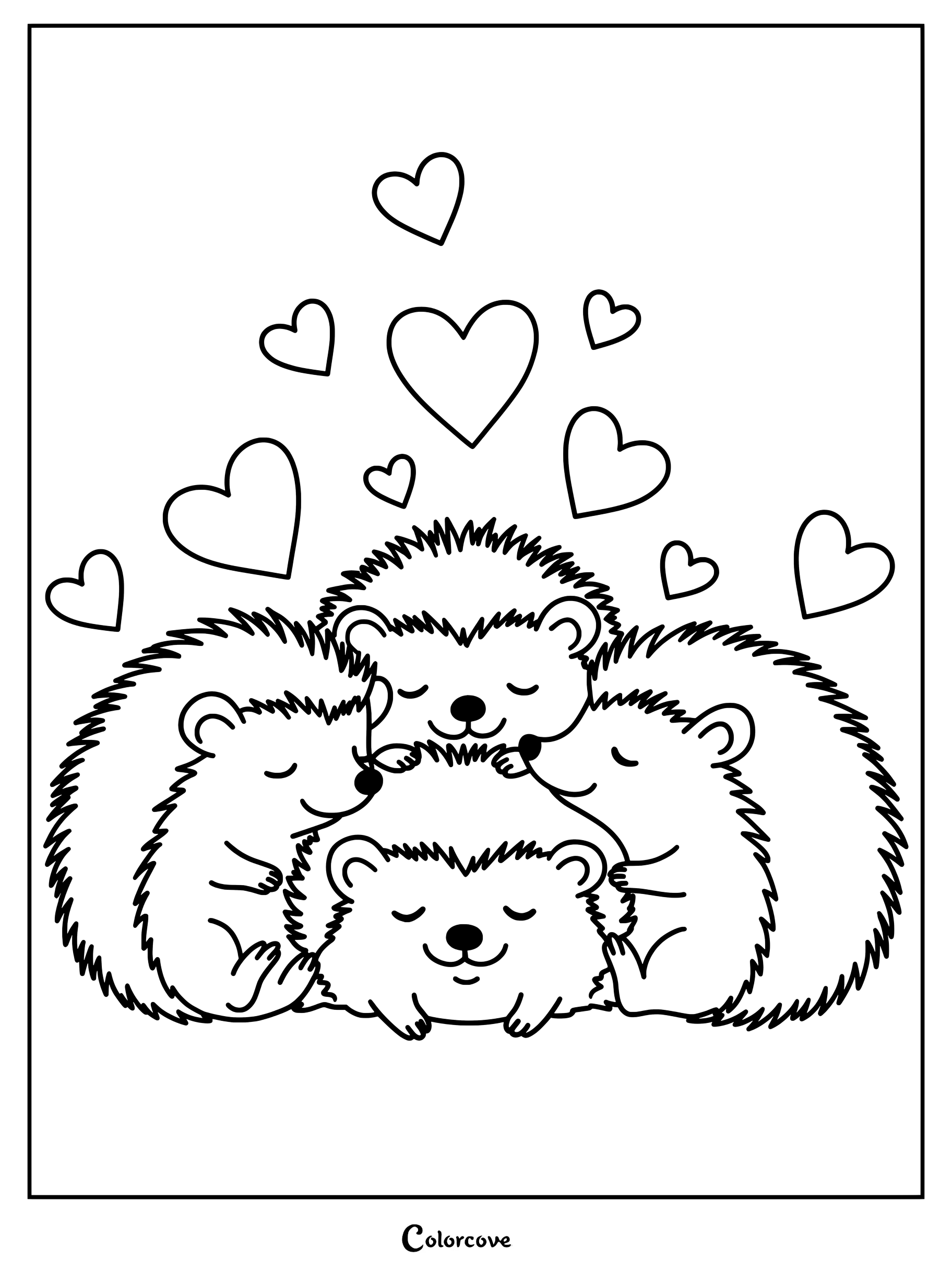Trois adorables hérissons se câlinent sous des cœurs flottants sur cette page de coloriage à imprimer.