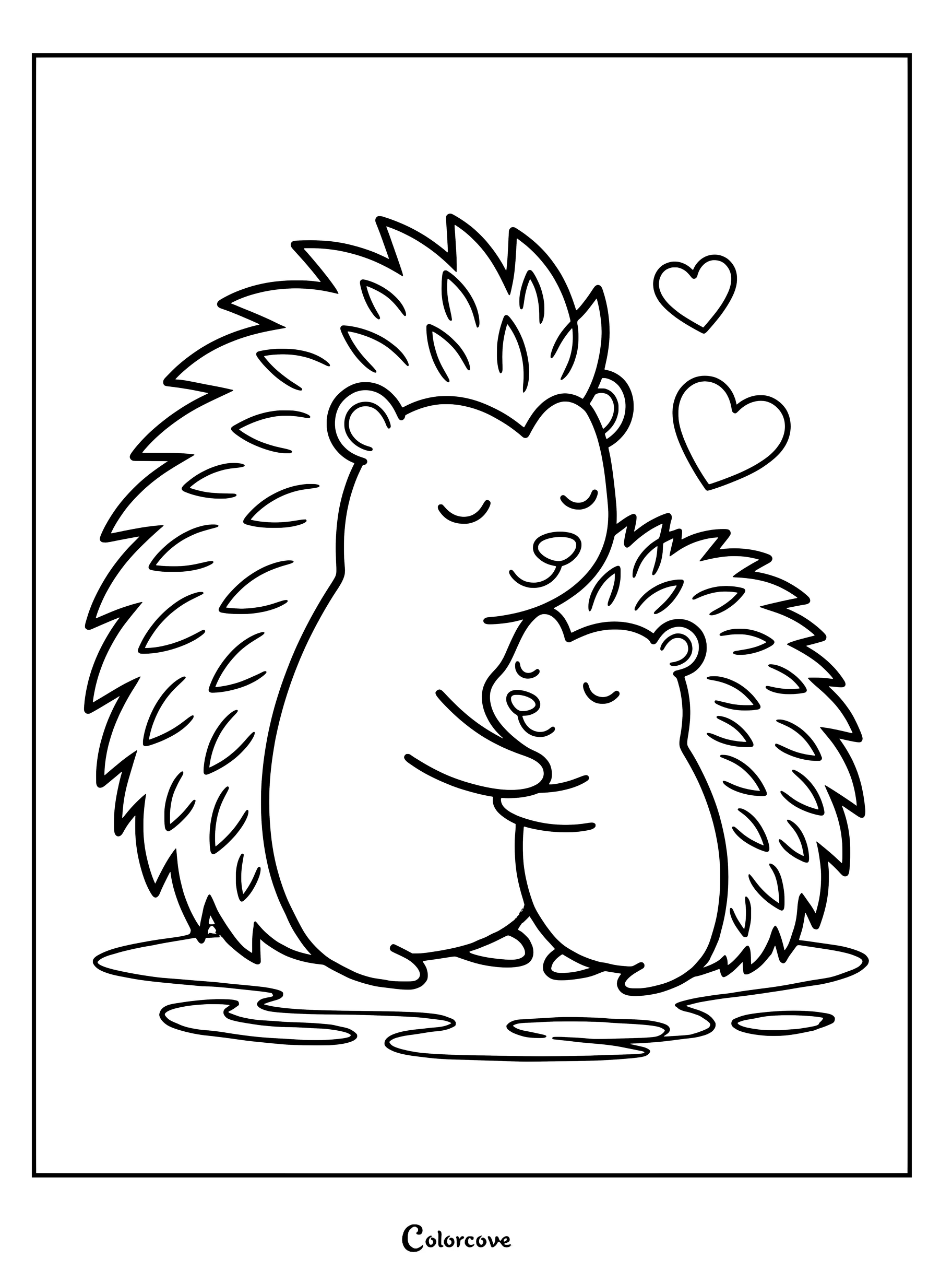 Une adorable maman hérisson serrant son bébé dans ses bras, avec deux cœurs flottant au-dessus d'elle, sur cette page de coloriage à imprimer.