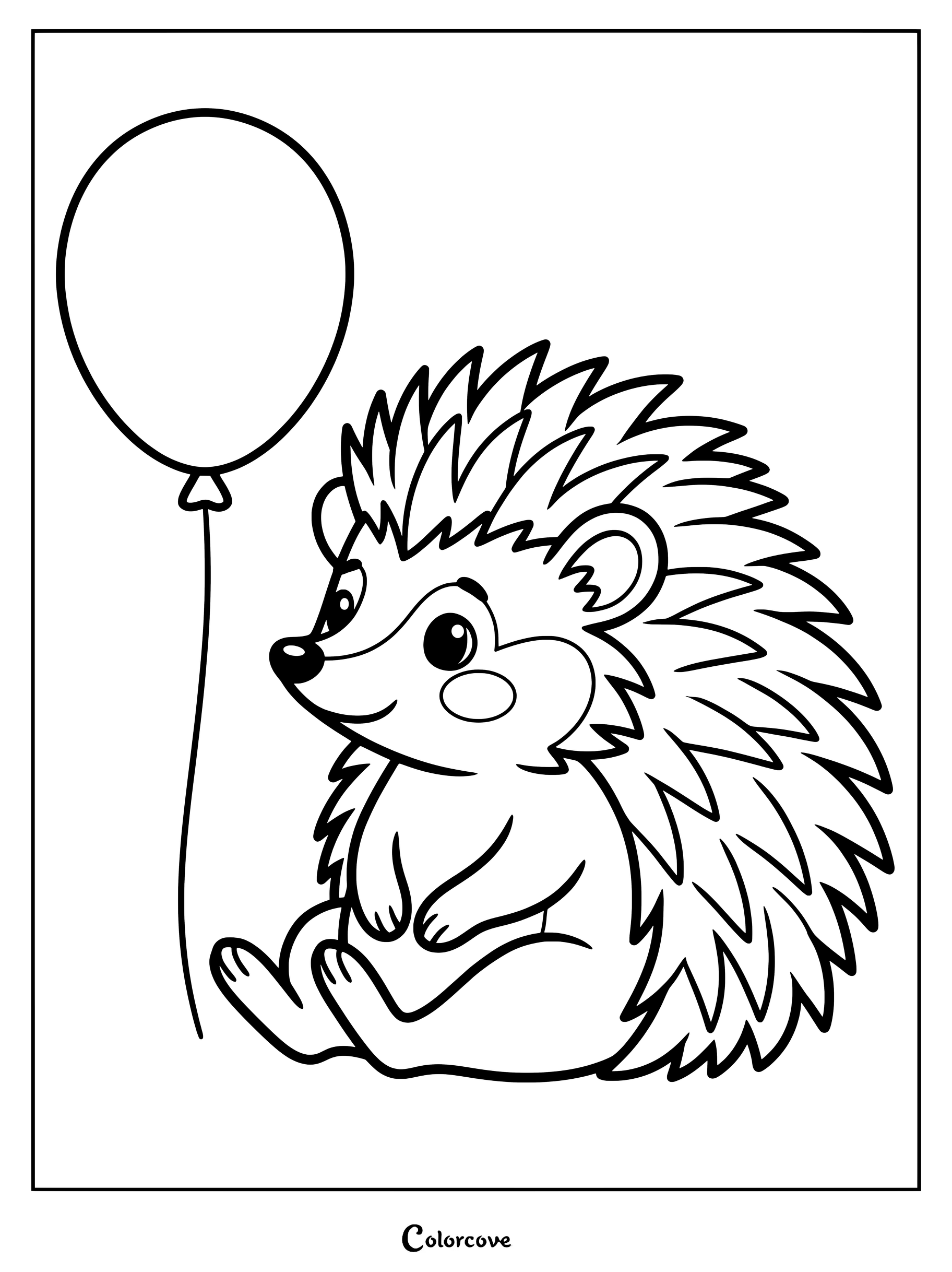 Un adorable hérisson assis à côté d'un ballon flottant sur cette page de coloriage à imprimer.