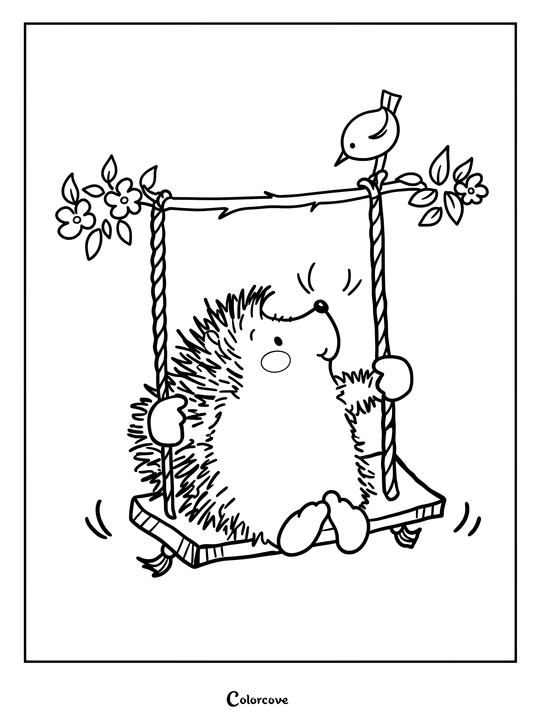 Un adorable hérisson assis sur une balançoire en corde sous une branche fleurie, avec un petit oiseau perché au-dessus ; page de coloriage à imprimer.