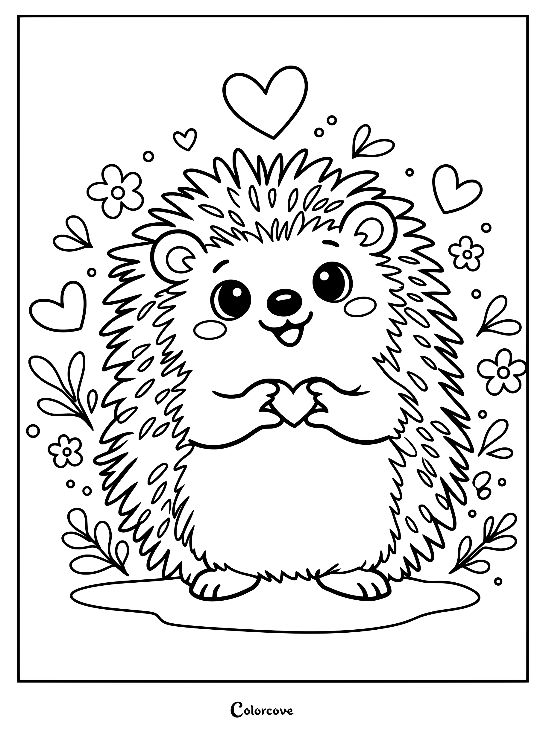 Un adorable hérisson tenant un petit cœur entouré de fleurs et de cœurs flottants dans cette page de coloriage à imprimer.