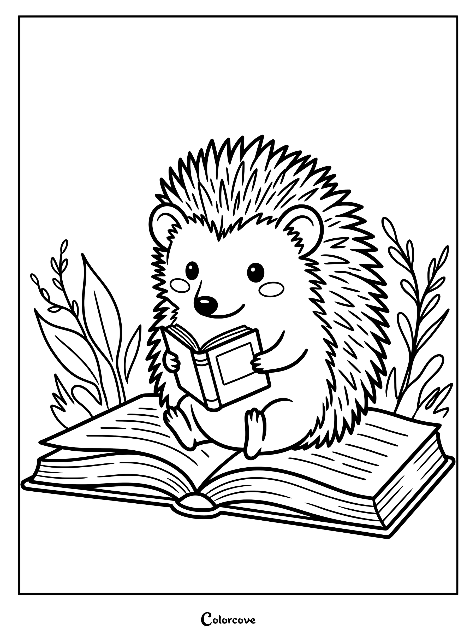 Un adorable hérisson assis sur un livre ouvert, en train de lire un livre plus petit, dans un décor de jardin ; page de coloriage à imprimer.