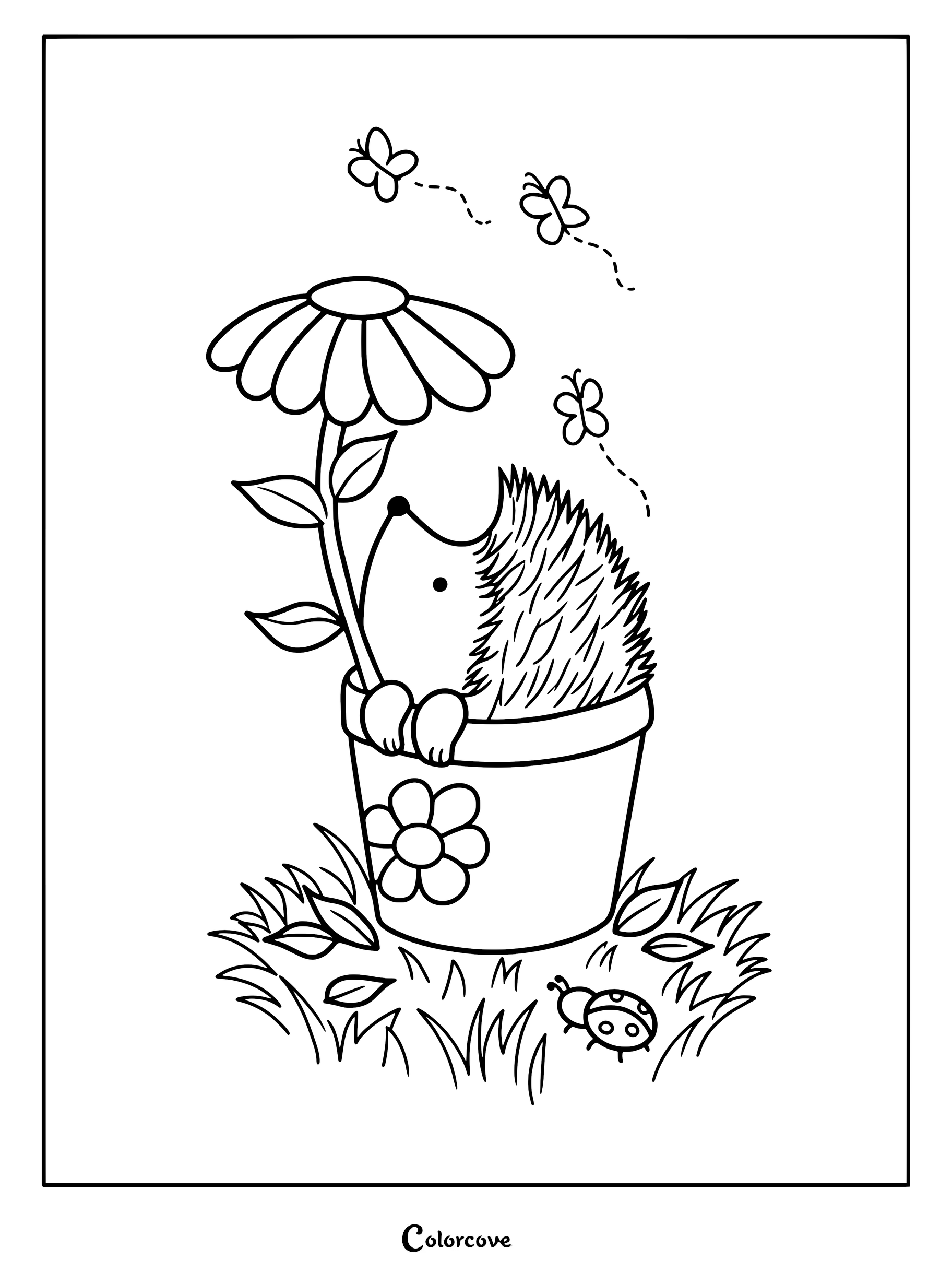 Un adorable hérisson assis dans un pot de fleurs avec une grande marguerite, entouré de papillons et d'une coccinelle, sur cette page de coloriage à imprimer.