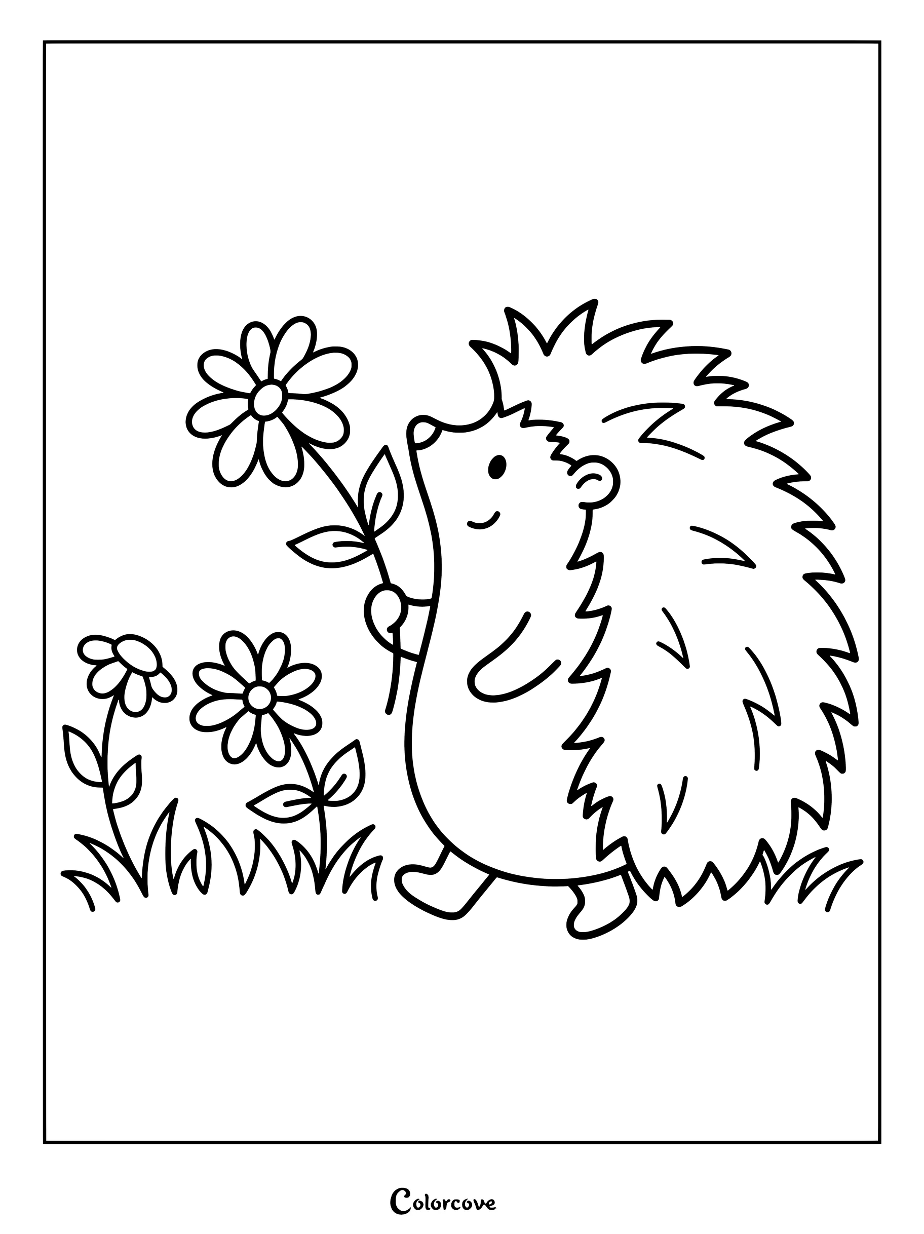 Un adorable hérisson tenant une simple marguerite sur une page de coloriage de jardin avec deux autres fleurs dans l'herbe.