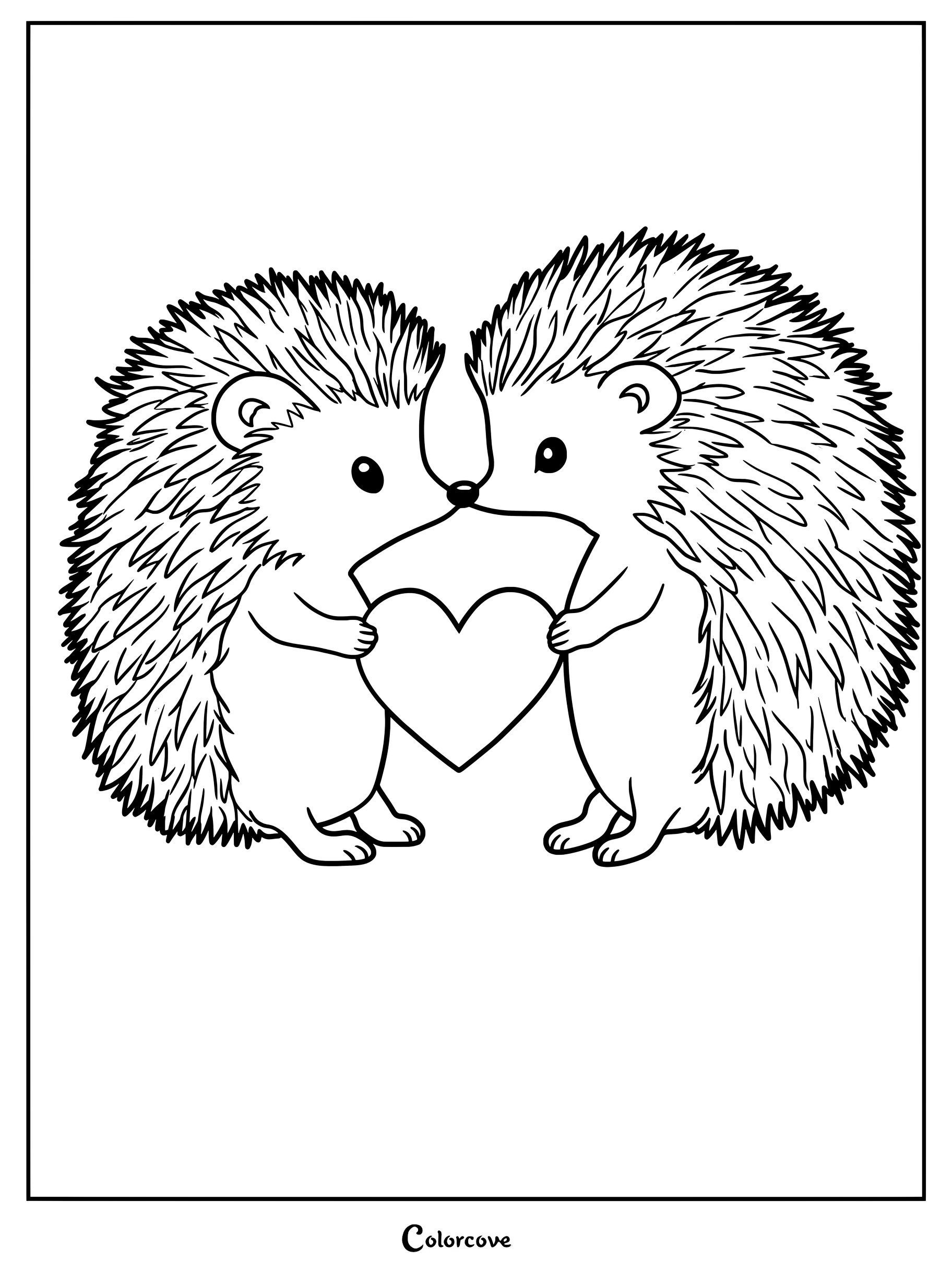 Deux adorables hérissons se font face et tiennent ensemble un cœur sur cette page de coloriage à imprimer.