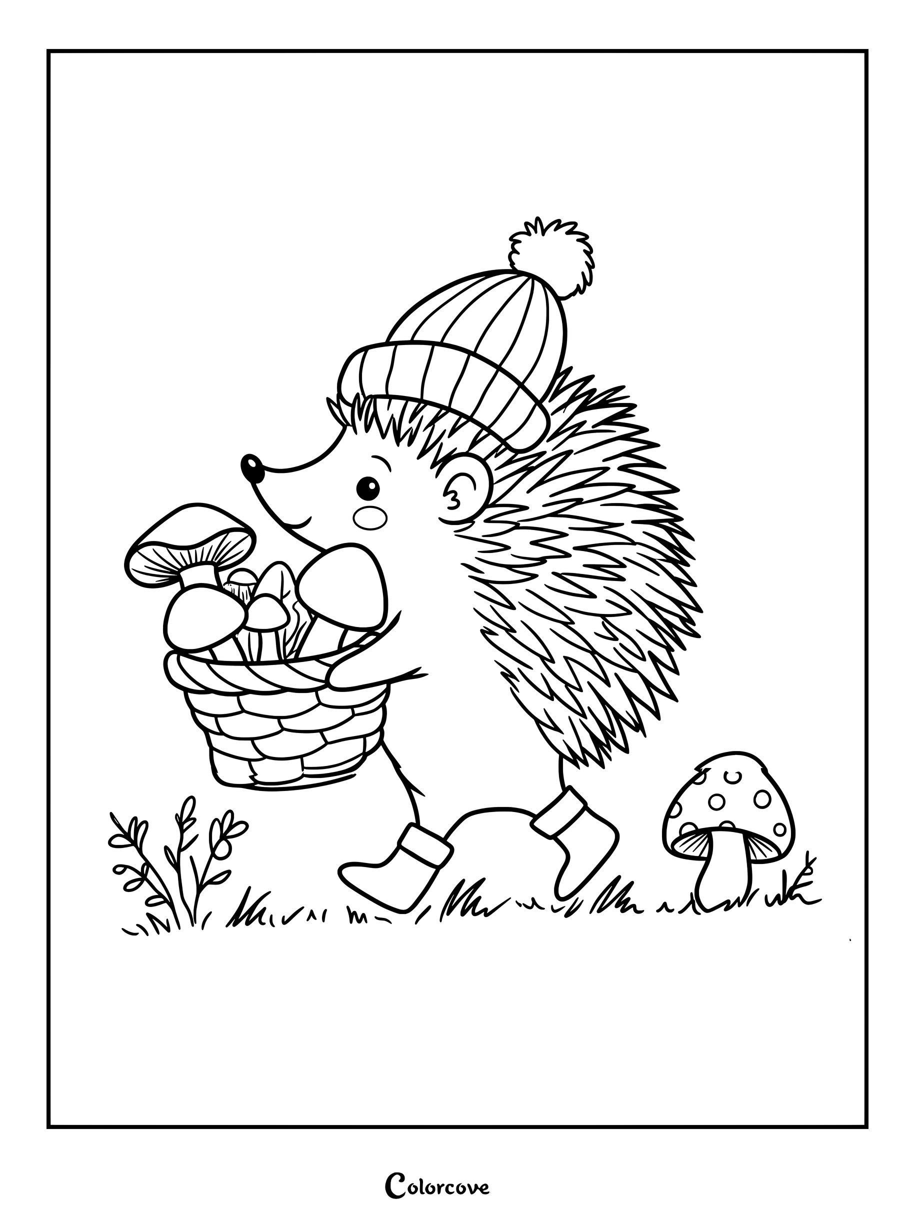 Un adorable hérisson portant un bonnet à pompon et des bottes, avec un panier de champignons, figure sur cette page de coloriage à imprimer.