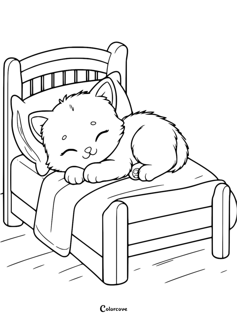 A cute kitten sleeping peacefully on a small bed with a pillow and blanket in this printable coloring page.