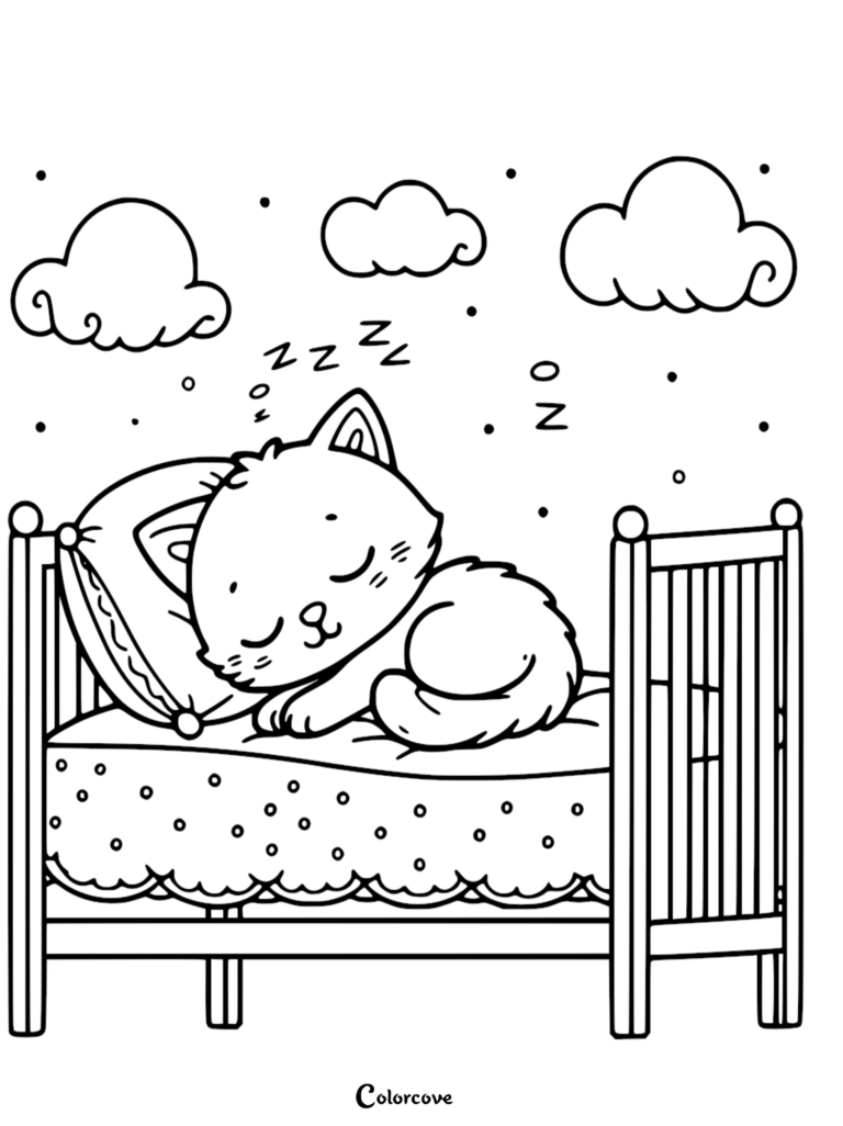 A cute kitten sleeping on a pillow in a small bed with clouds in the background, printable coloring page.