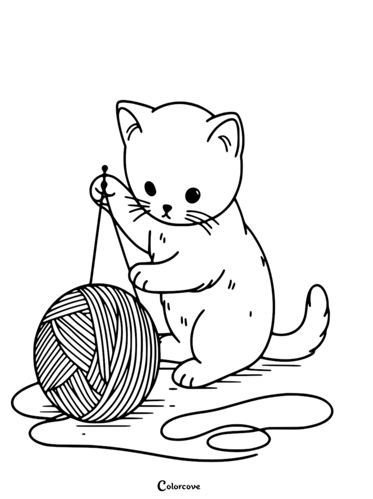 A cute kitten playing with a ball of yarn in this free printable coloring page.