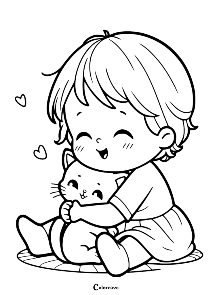 A happy child hugging a cute kitten in this printable coloring page featuring hearts.