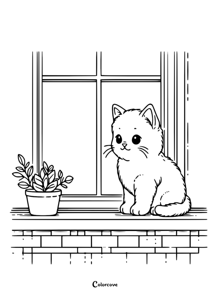A cute kitten sitting on a windowsill next to a potted plant, featured in a free printable coloring page.
