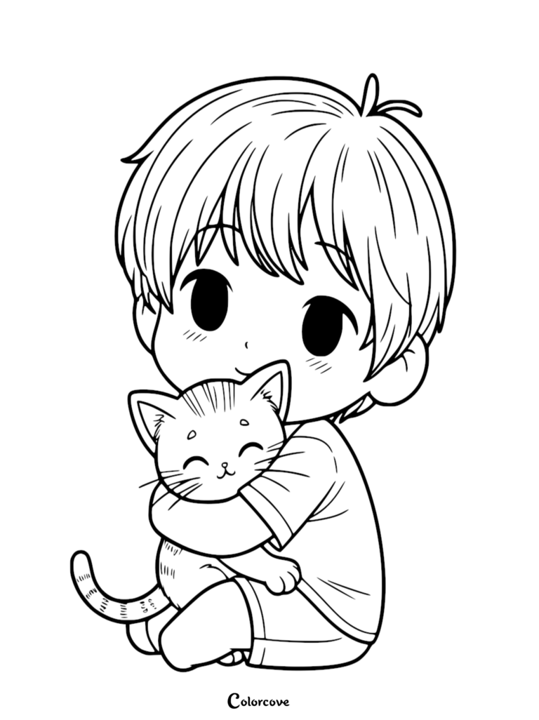 A chibi boy hugging a happy striped kitten in this printable coloring page.