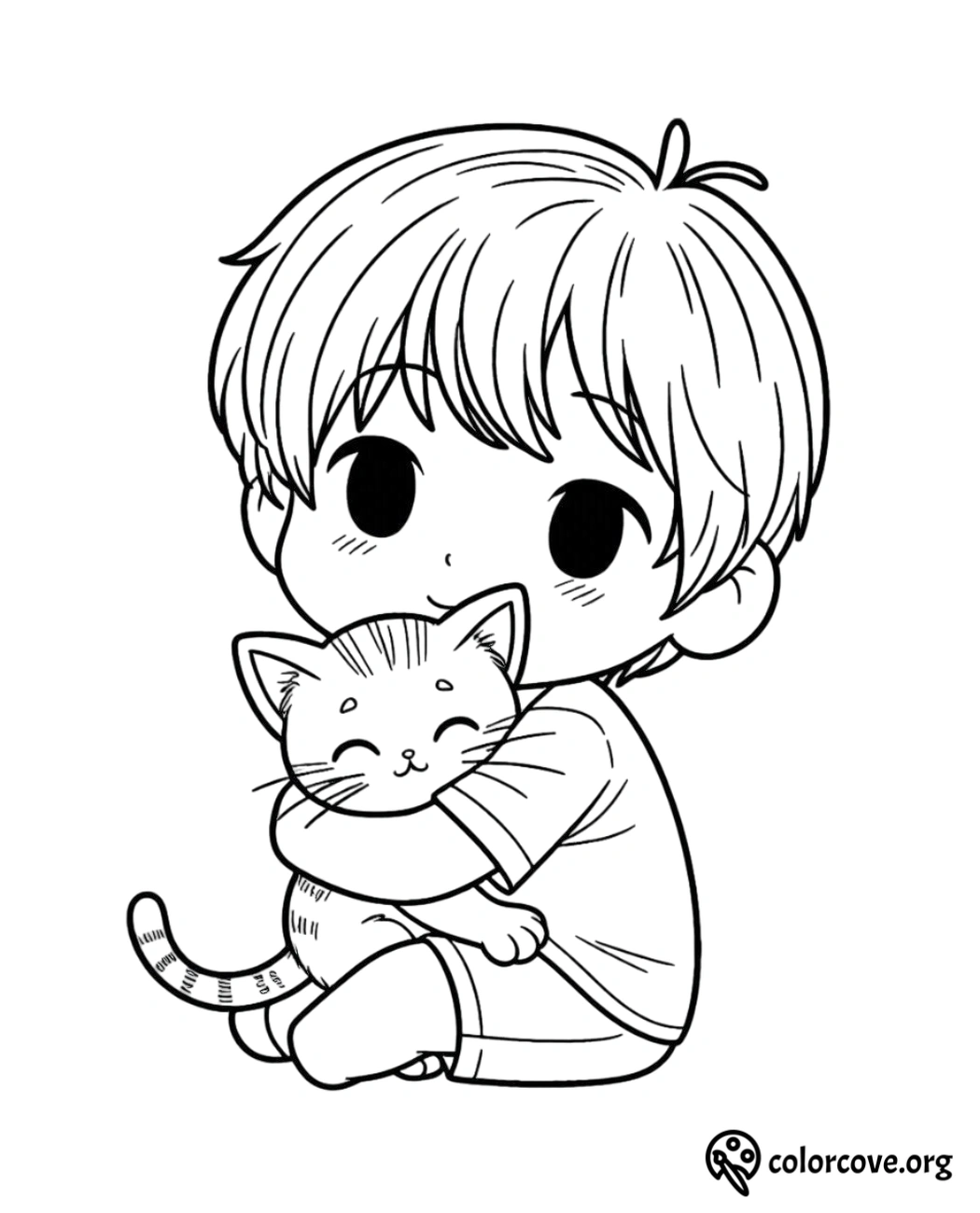 a cartoon of a boy hugging a cat