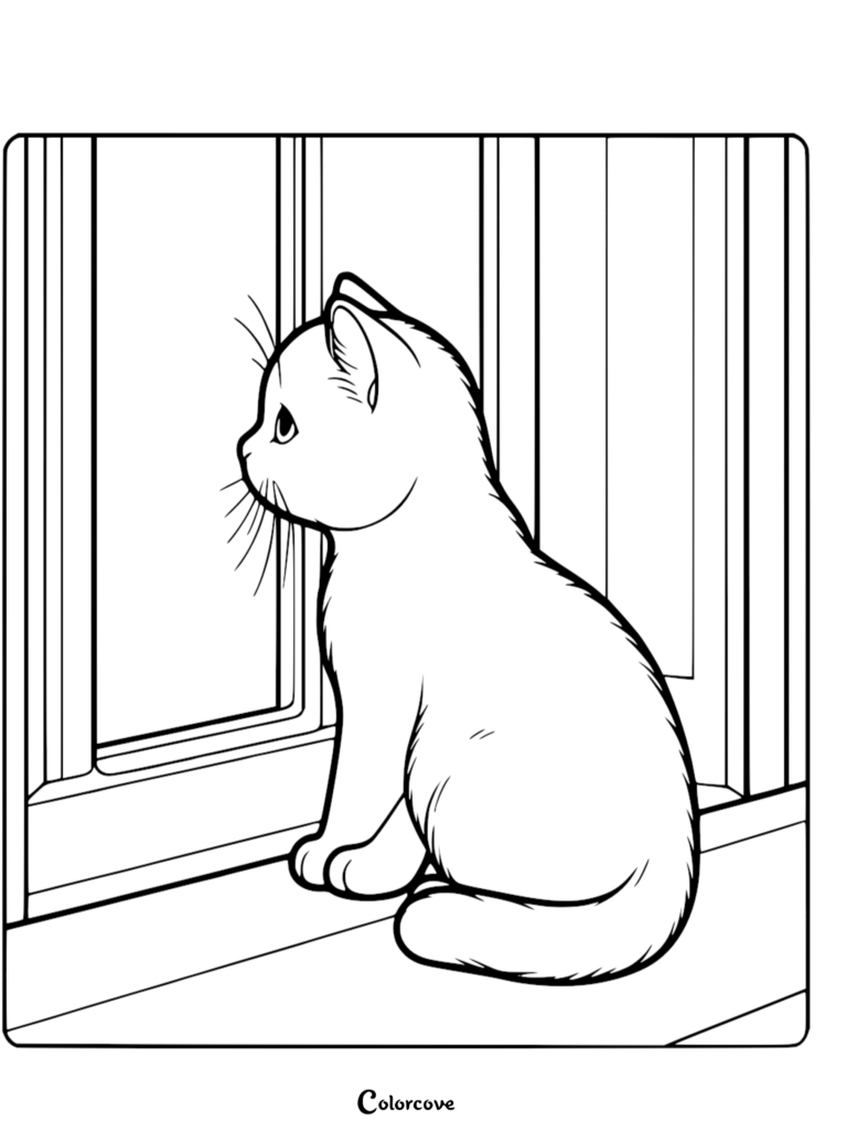 A cute kitten sitting on a windowsill looking outside in this free printable coloring page.
