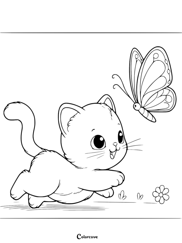 A cute kitten chasing a butterfly in this free printable coloring page.