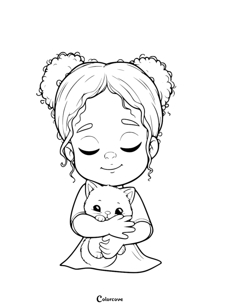 A young girl with curly hair buns hugging a small kitten in this cute kitten coloring page free printable 18.