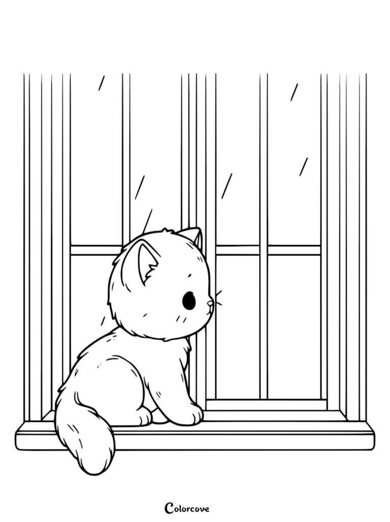 A cute kitten sitting on a windowsill watching the rain in this printable coloring page.