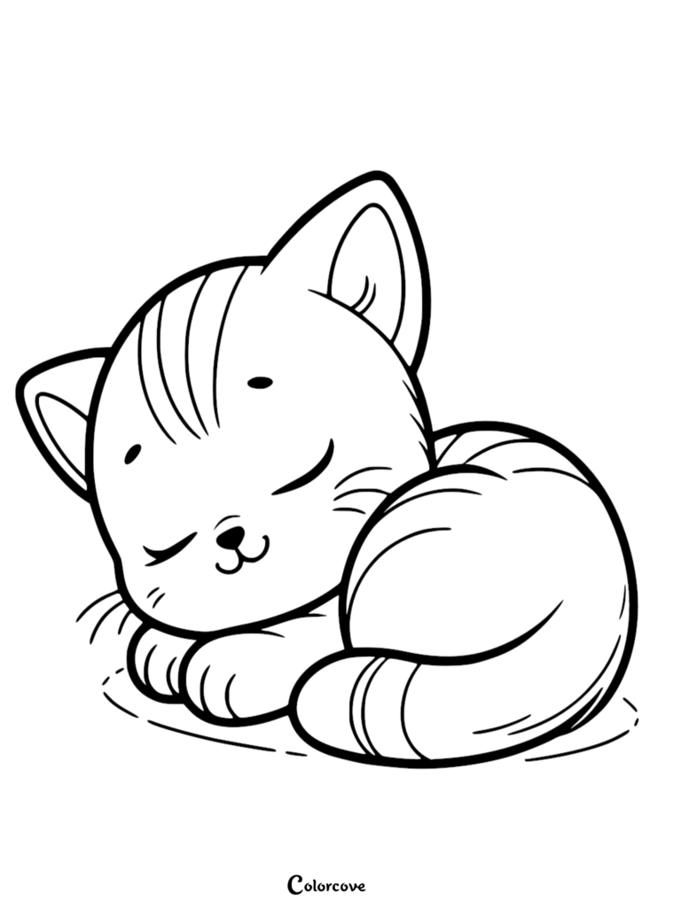 A cute kitten sleeping curled up in a ball, featured on a free printable coloring page.
