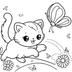 a coloring page of a cat and a butterfly