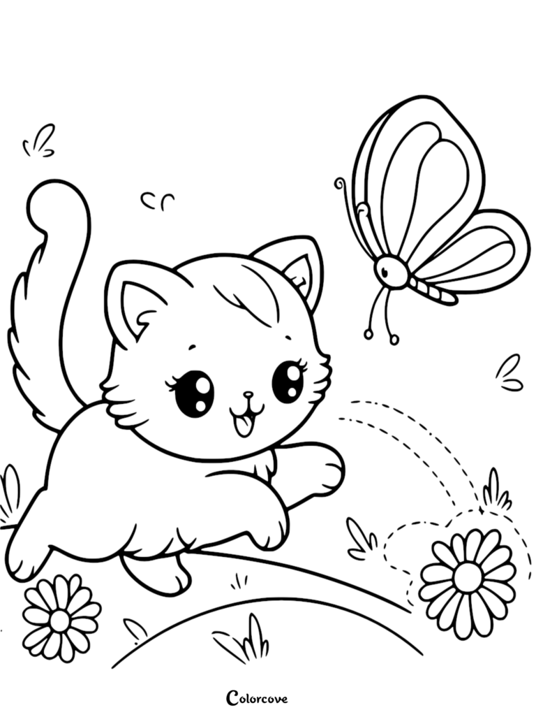 A cute kitten chasing a butterfly in a garden, featured on a free printable coloring page.