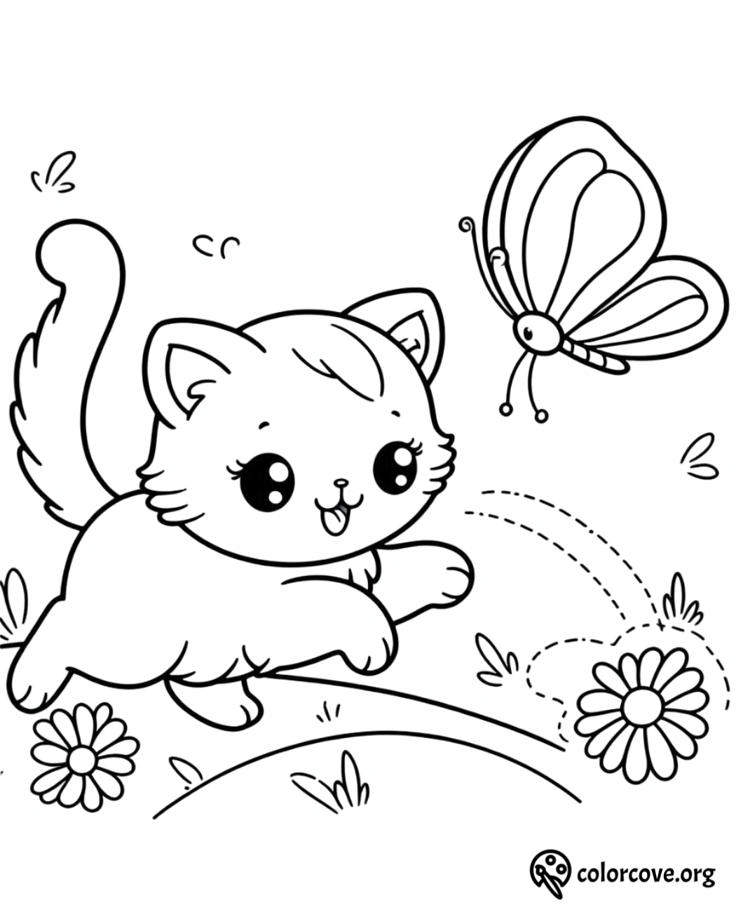 a coloring page of a cat and a butterfly