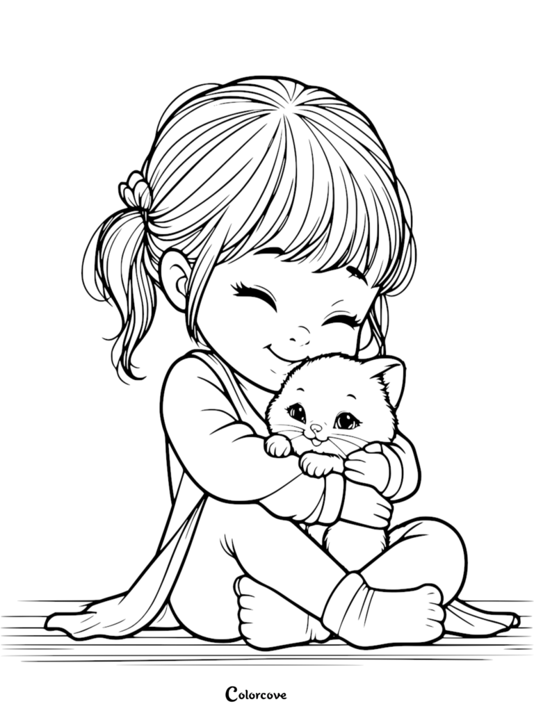 A young girl with a ponytail hugging a small kitten in this cute kitten coloring page free printable 21.