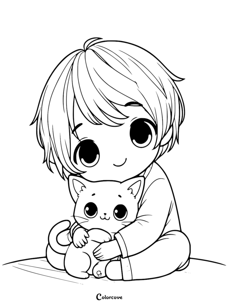 A chibi boy hugging a cute kitten in this free printable coloring page.