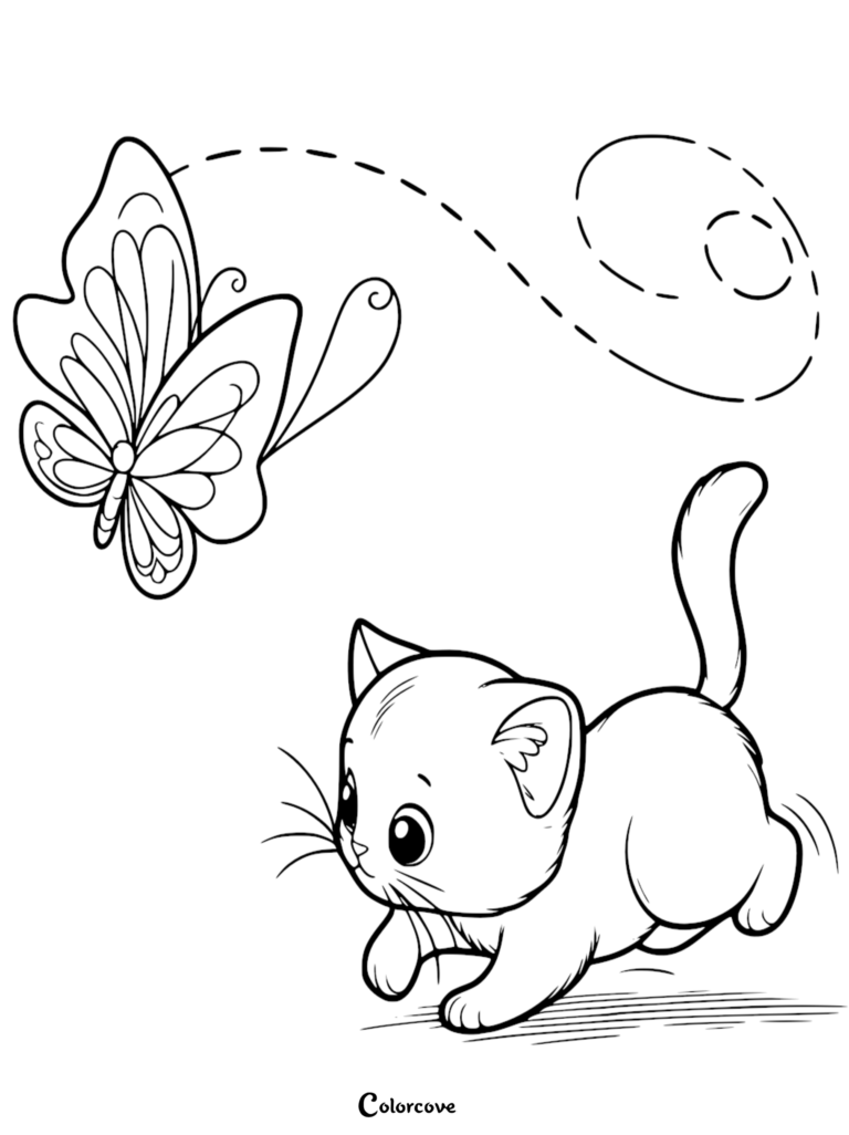 Cute kitten chasing a butterfly in this printable coloring page.
