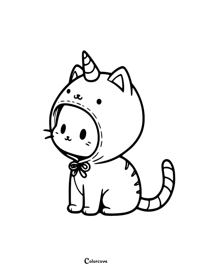 A cute kitten wearing a unicorn hood in this printable coloring page.