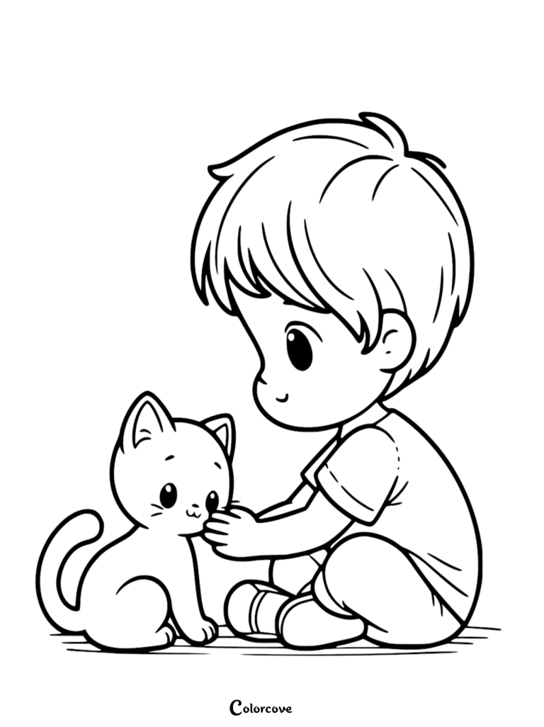 A young boy gently petting a cute kitten in this printable coloring page.