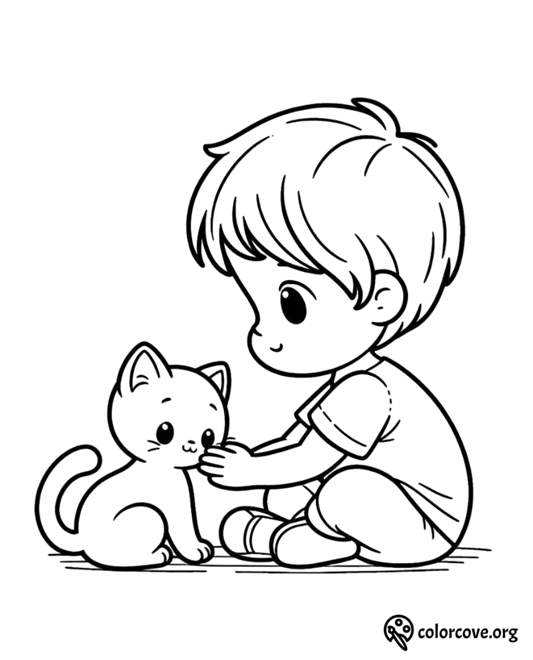 a cartoon of a boy petting a cat