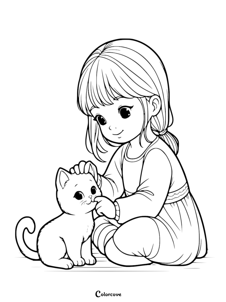 A young girl with bangs gently petting a cute kitten in this printable coloring page.
