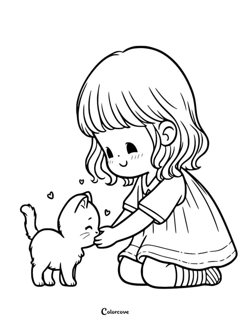 A cute girl kneeling and petting a small kitten in this printable coloring page.