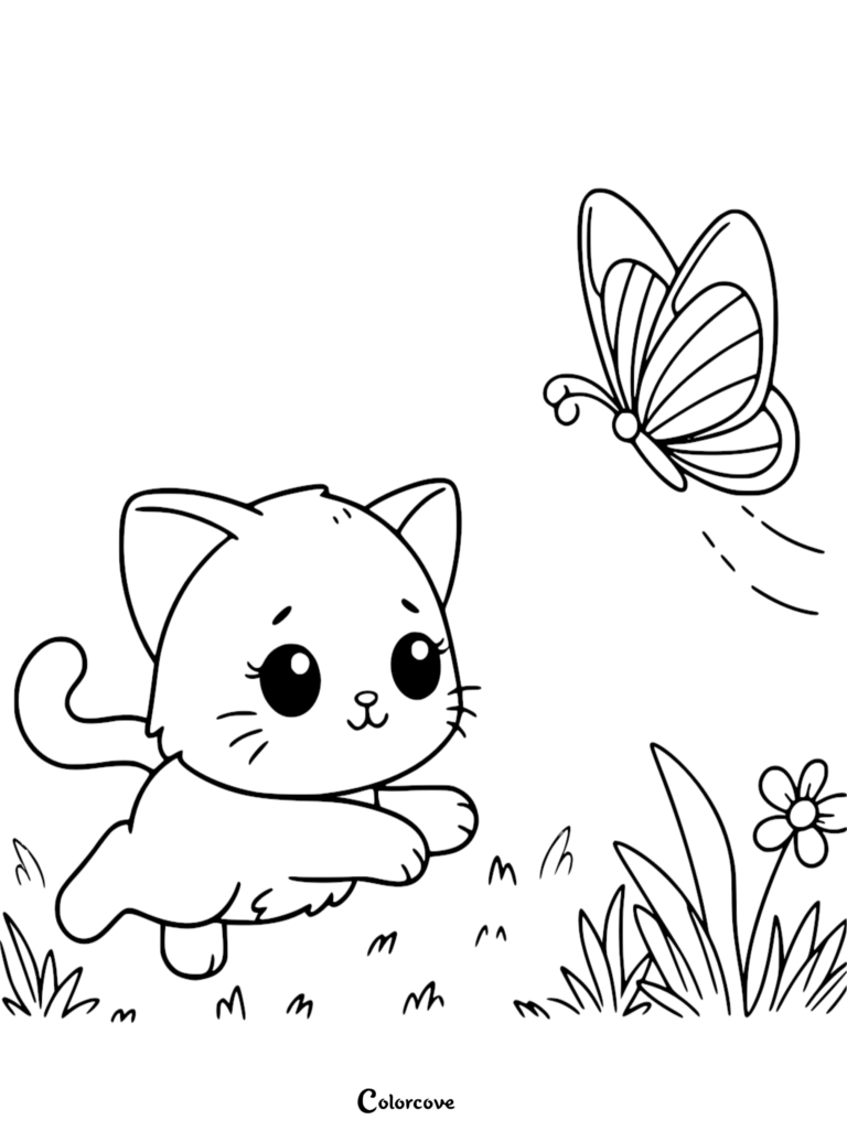 A cute kitten chasing a butterfly in a garden, printable coloring page.