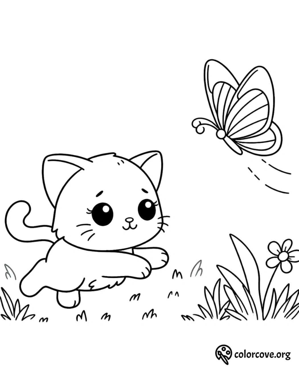 a coloring page of a cat chasing a butterfly