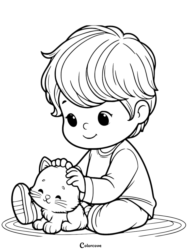 A young boy with messy hair gently petting a small, happy kitten in this cute kitten coloring page.