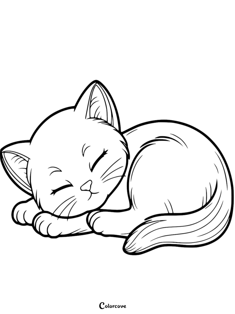 A cute kitten sleeping peacefully in this free printable coloring page.