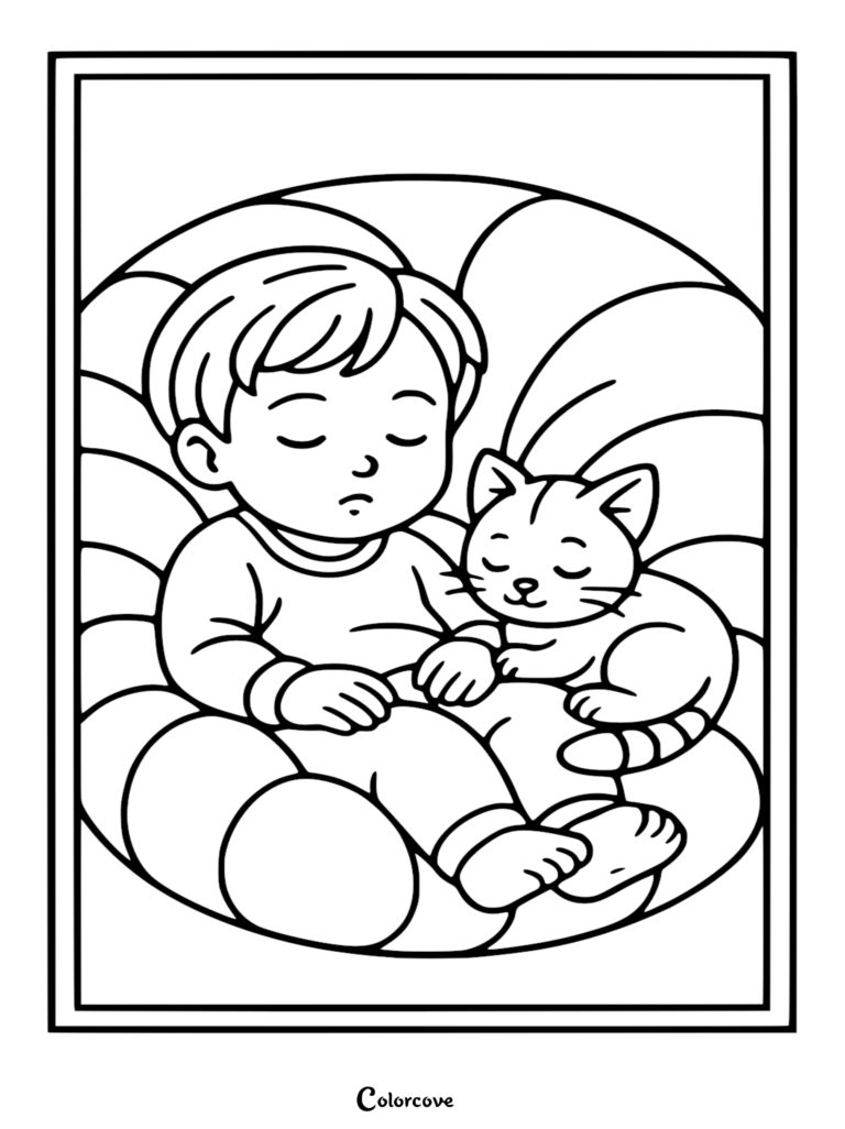A young boy sleeping peacefully in a beanbag chair with a cute kitten, featured in a free printable coloring page.
