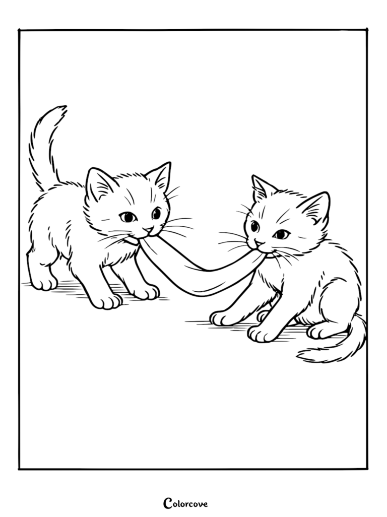 Two cute kittens playing tug-of-war with a piece of fabric in this free printable coloring page.