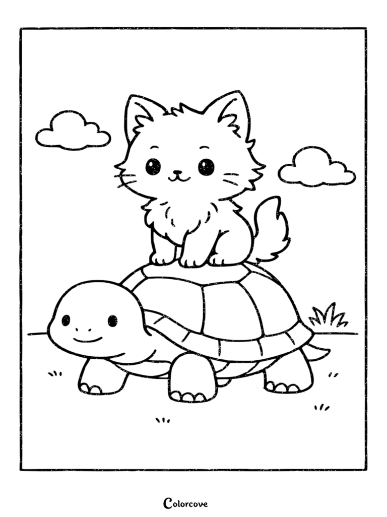 A cute kitten sitting on top of a friendly turtle in a grassy field, printable coloring page.