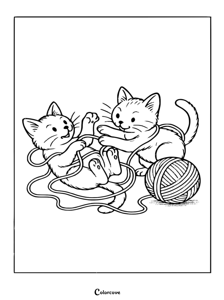 Two cute kittens playing with a ball of yarn in this free printable coloring page.