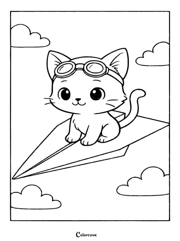 A cute kitten wearing aviator goggles riding a paper plane in the sky, printable coloring page.