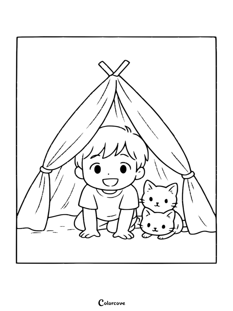 A happy boy and two cute kittens sitting inside a cozy tent in this free printable coloring page.