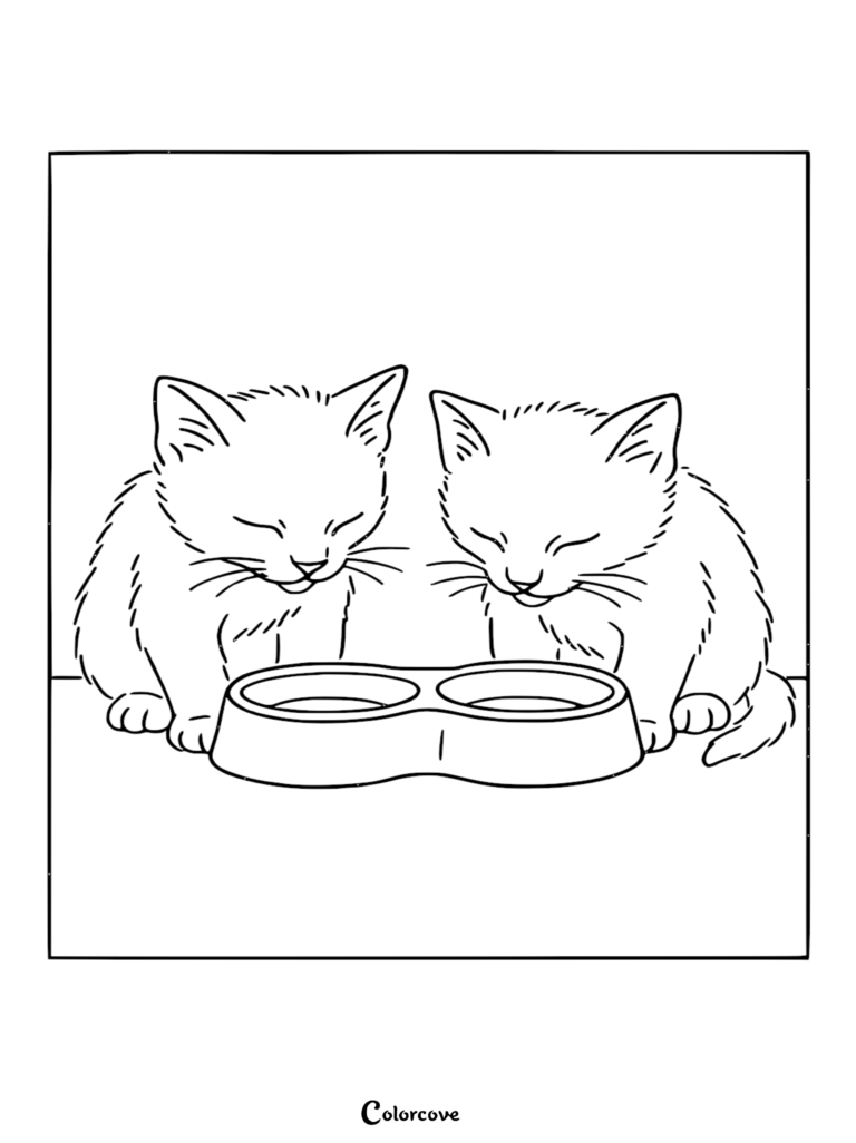 Two cute kittens eating from a double bowl in this free printable coloring page.