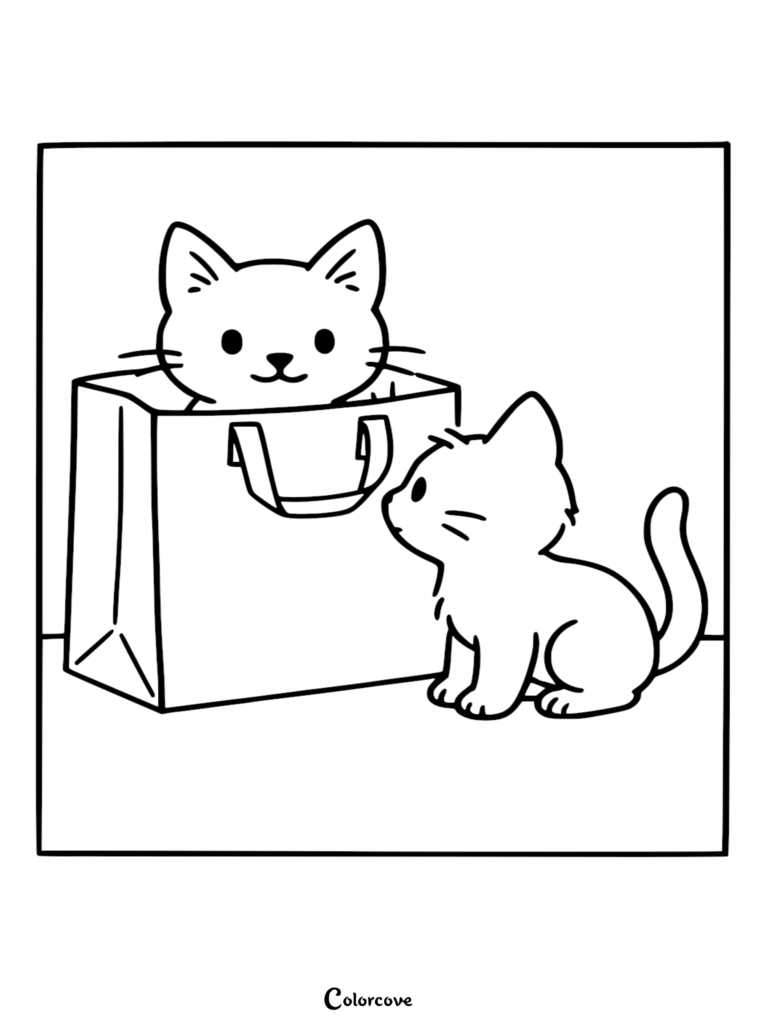 Cute kitten inside a shopping bag with another kitten looking at it, printable coloring page.