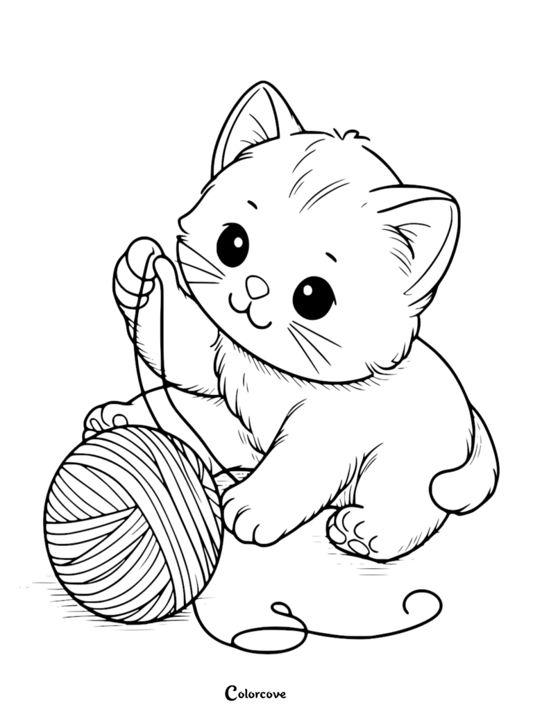 Cute kitten playing with a ball of yarn in a simple line art coloring page style.