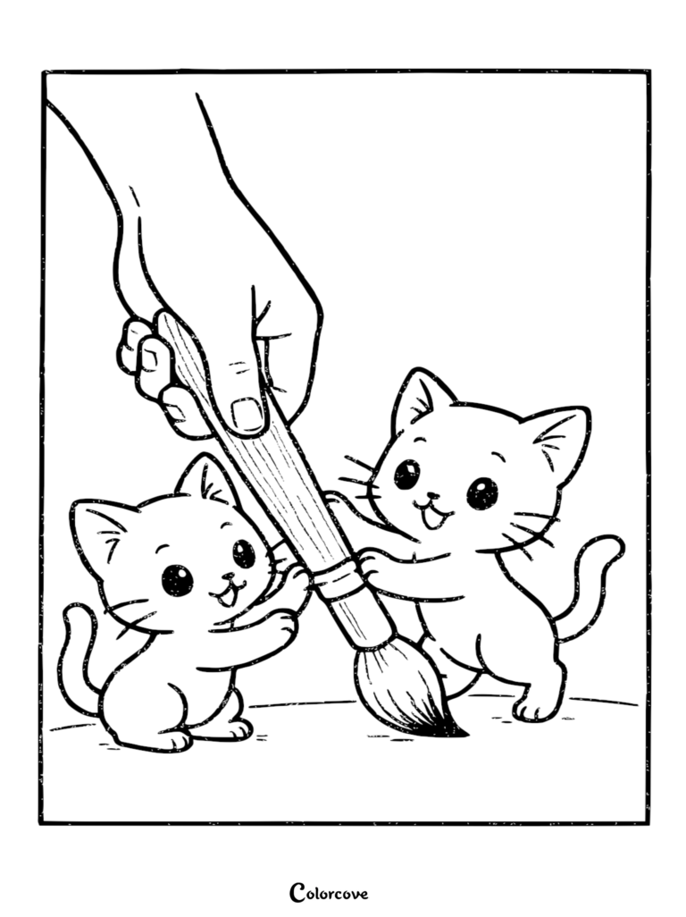 Two cute kittens playing with a large paintbrush held by a human hand in this printable coloring page.