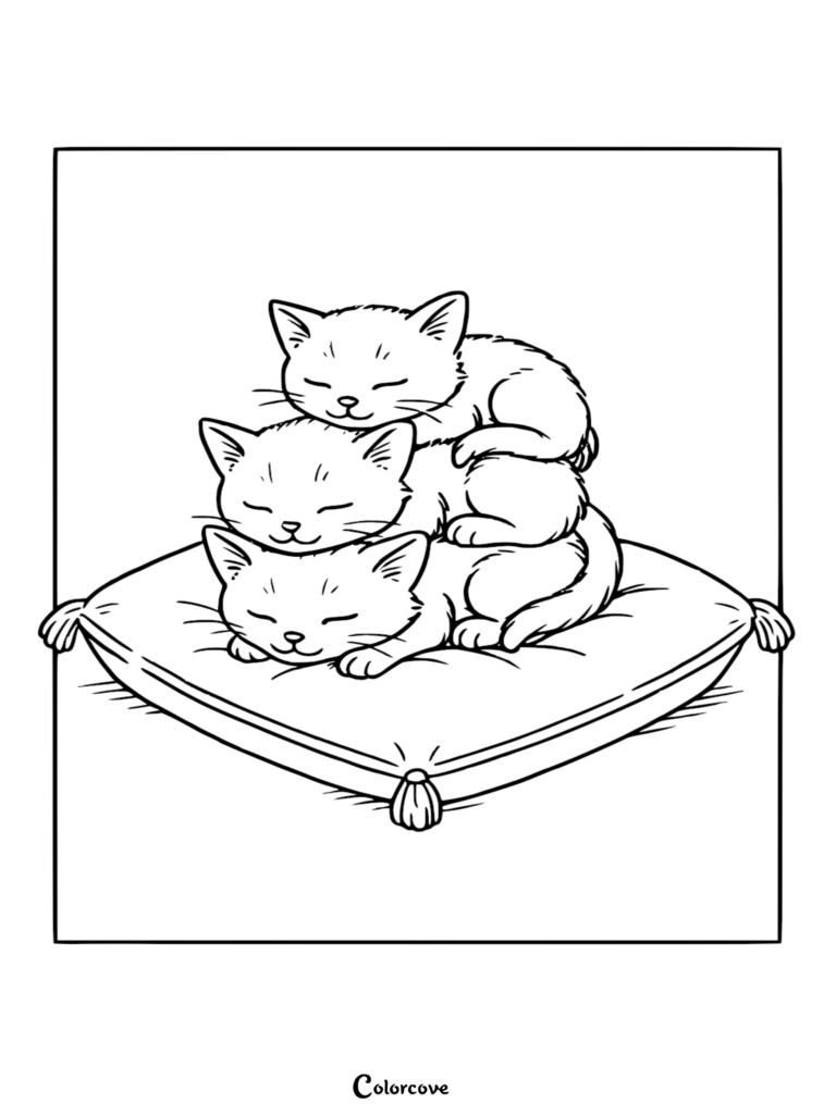 Three cute kittens stacked and sleeping on a tasseled pillow in this printable coloring page.